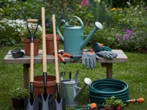 Ferramentas-para-Jardinagem – Imagem Realista de Ferramentas Essenciais para Jardim Exuberante